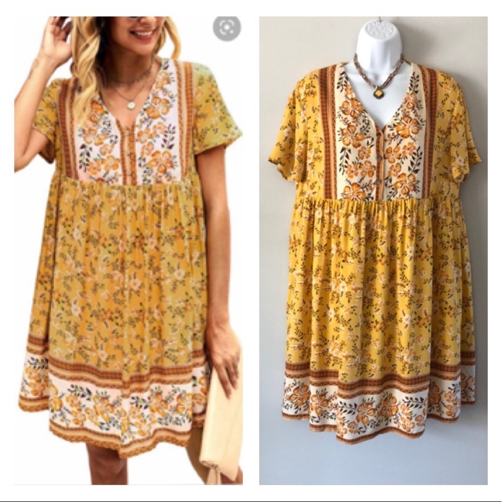 Kirundo Mini Dress Bohemian Short Sleeve Size Large Mustard Floral New